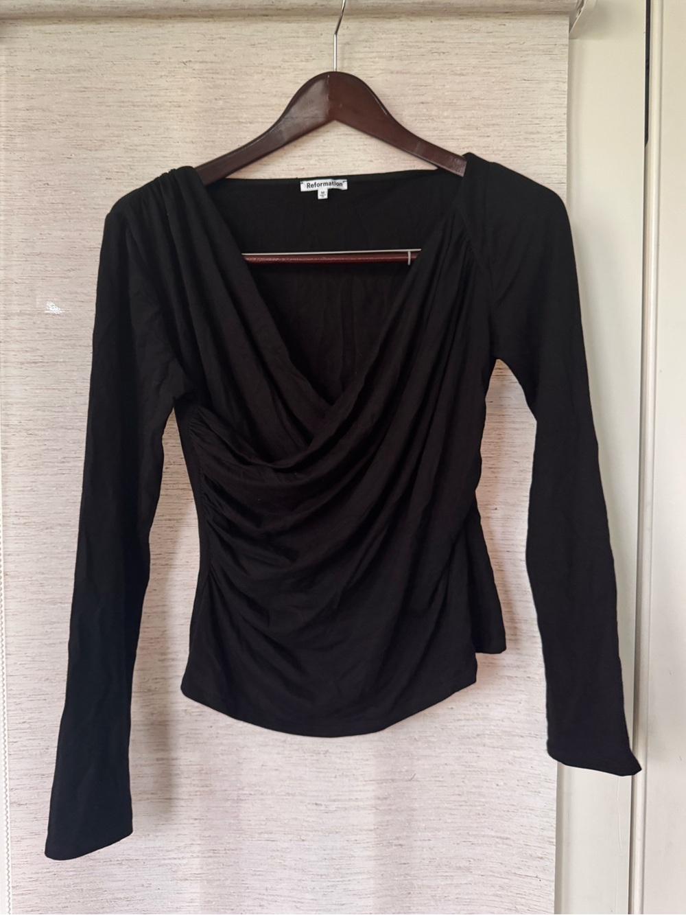 Reformation Black Long Sleeve Surplice Ruched Top Size M